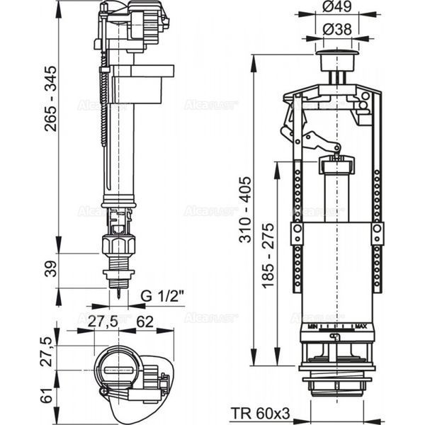 Комплект арматури Alcaplast SA2000S 1/2" CHROM для бачка унітазу з нижнім підведенням 43316 фото