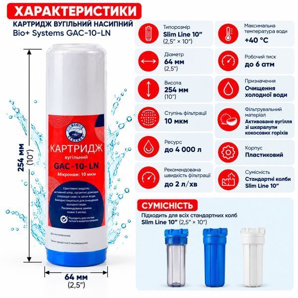 Вугільний картридж Bio+ Systems GAC 10&Prime; &mdash; ефективна адсорбція, очищення від запахів і органічних домішок 000020424 фото