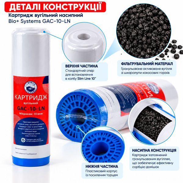Вугільний картридж Bio+ Systems GAC 10&Prime; &mdash; ефективна адсорбція, очищення від запахів і органічних домішок 000020424 фото