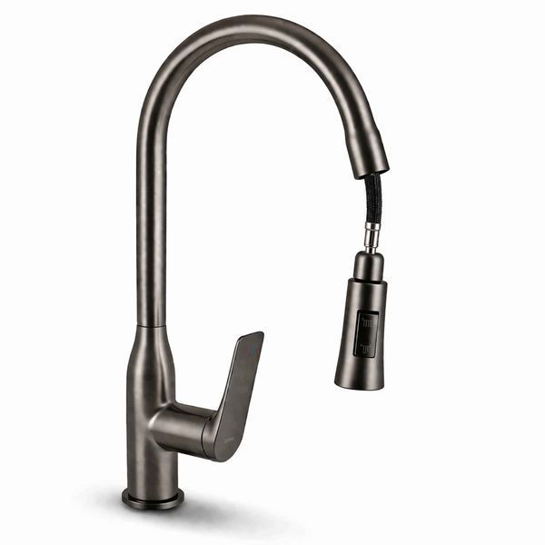 Змішувач для кухні з висувним виливом Qtap Vlasta New Gunmetal Black PVD, латунний, поворотний, гарантія 5 років 45647 фото