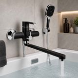 Чорний змішувач для ванни Qtap Grand Chrome/Black з довгим поворотним виливом 32 см та душовим гарнітуром 33504 фото