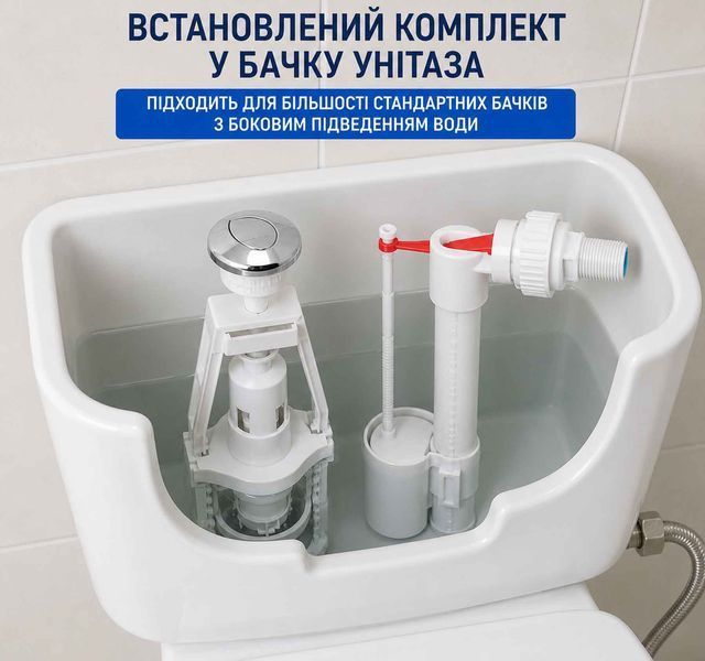 Комплект арматуры для бачка унитаза PLM (слив + налив), 1 кнопка, боковой подвод 1/2" 080221 фото